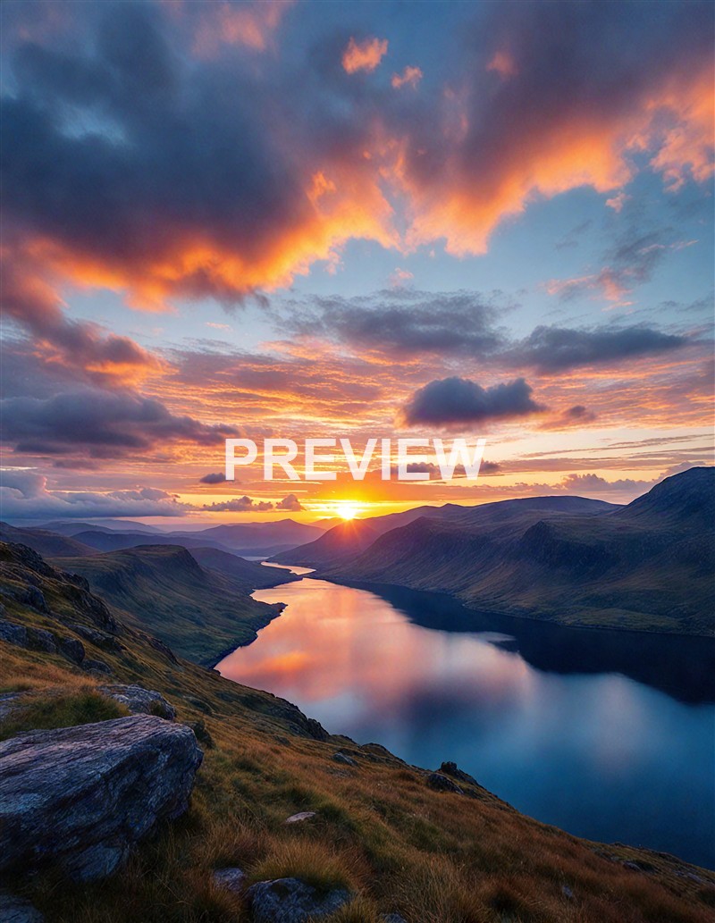 A scenic view of a river winding through green hills under a vibrant sunset sky with orange, pink, and purple clouds.